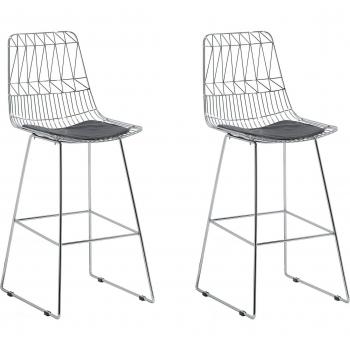 Conjunto de 2 sillas de bar modernas con estructura de acero plateado y asiento de piel sintética, altura para mostrador, respaldo ranurado