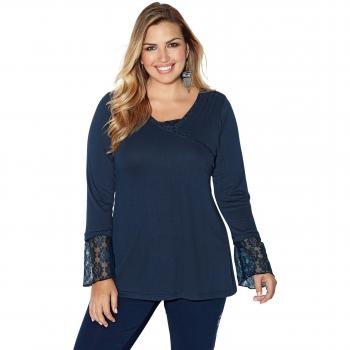 VENCA Camiseta Encaje a Tono en el Escote v Cruzado y puño de la Manga Larga by Vencastyle,Azul Navy,3XL