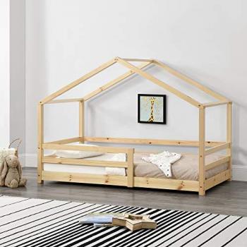 Cama Infantil Knätten 70 x 140 cm Diseño de Casa con Somier de Madera de Pino y Reja de Seguridad Natural