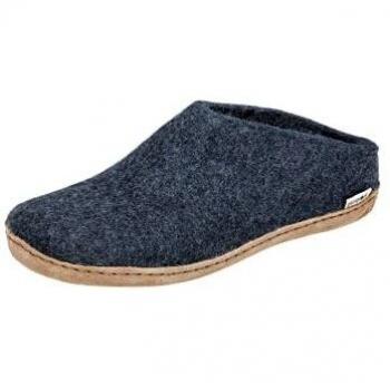 Denim Glerups Wool Slippers with Leather Sole, Open Heel Design for Adults