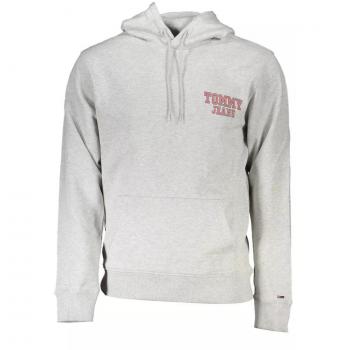 Elegant Gray Cotton Hooded Sweatshirt with Large Pocket and Print - Size L