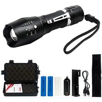 Linterna LED Recargable 2000 Lumen Alta Potencia T6 de enfoque ajustable portátil resistente al agua Camping linterna 5 Modo de luz, 2 x Batería incluidas,Carga USB