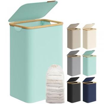 Cesto de Ropa Sucia Plegable con Tapa, 90L, Forro de Malla Extraíble, Tejido Oxford y Asas de Bambú, Verde Menta - 42 x 32 x 70