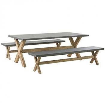 Conjunto de Comedor Exterior Moderno en Fibra de Cemento Gris con Mesa para 8 Personas y 2 Bancos de Madera de Acacia