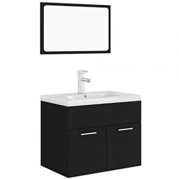 Conjunto de muebles de baño aglomerado negro con lavabo empotrado, fregadero escurridor, grifo y espejo, fabricado en madera de ingeniería