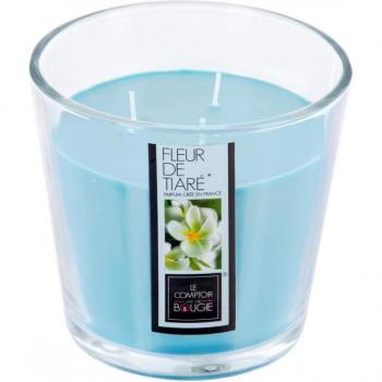 Vela Perfumada de Flores Tiaré 500g - Tarro de Cristal Azul, 3 Mechas, Duración 40h