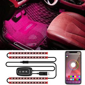 Trongle Luz Interior Para Coche, Luces Led Coche Tira Interior Controlada Por Aplicación, Resistente al Agua con 4 Piezas 48 LED, Multicolor Activada por Sonido, Barra de Luz USB Con Cargador de Coche