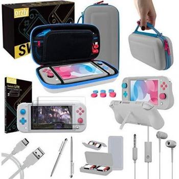 Orzly Paquete de Accesorios para Nintendo Switch Lite – Incluye: Protectores de Pantalla & Funda para Switch Lite Consola, Funda Comfort Grip, Cable USB, Auriculares y más.