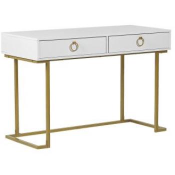 Consola de metal blanco dorado 115 x 50 cm con 2 cajones, tiradores de anillo y base de metal dorado acabado mate, estilo glam