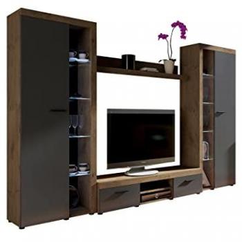 Conjunto de salón Tucson 107, Aglomerado laminado y vidrio, Grafito y Lefkas roble, con mesa de TV y partes separadas, 300 x 190 x 41 cm