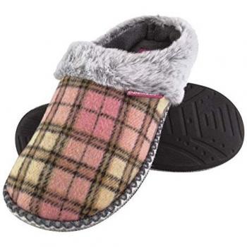 Dunlop Women's Plush Memory Foam Open Back Mules Slippers - Cute Knitted Design - Pink - Size 4 (UK)