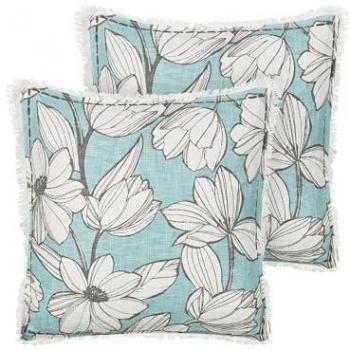Conjunto de 2 cojines boho de algodón blanco y azul con motivo floral, flecos, funda extraíble y tamaño 45 x 45 cm