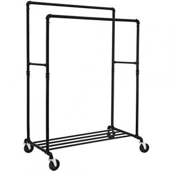 SONGMICS Perchero Móvil con Ruedas, Capacidad de Carga de 110 kg, Colgador Metálico con Doble Barra de Suspensión, Perchero Burro Industrial con Estante de Almecenamiento, Negro HSR60B