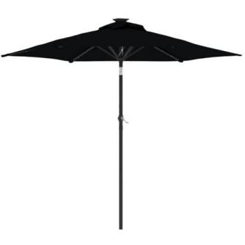 Sombrilla jardín con luces LED poste acero negro 225x225x212 cm, parasol, paraguas, sombrilla de exterior, sombrilla de jardín