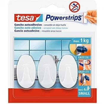 tesa Powerstrips️- Ganchos Adhesivos Oval para Pared - Montaje sin Taladrar - Alta Fuerza de Fijación hasta 2 kg con Tecnología Powerstrips - Paquete de 3 Unidades - Blanco