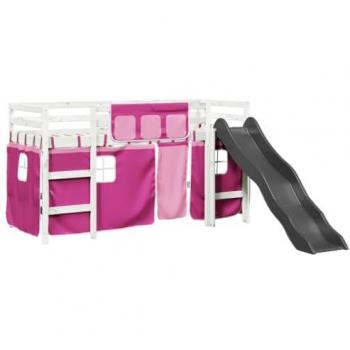 Cama alta para niños con cortinas de madera de pino macizo en color rosa, dimensiones 90x200 cm