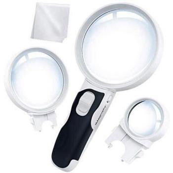 iMagniphy Lupa con Luz y 3 Lentes - 2,5, 5 y 16 Aumentos – Lupa de Mano para Mayores y Personas con Degeneración Macular - Lupas de Gran Aumento con Luces LED para Leer Soldar Numismática Joyería