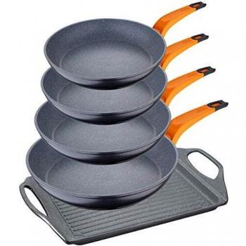 San Ignacio 4 20,24, 26 Y 28 CM + PLACHA Lava Set de sartenes 20/24/26/28 + plancha 45 cms, aluminio forjado, Inducción, Multicolor