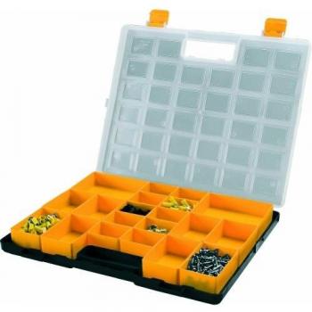 Organizador de plástico L372 x P314 x H40 mm con 2 cajas grandes extraíbles en el interior + 8 medianas + 10 pequeñas, tapa trasparente