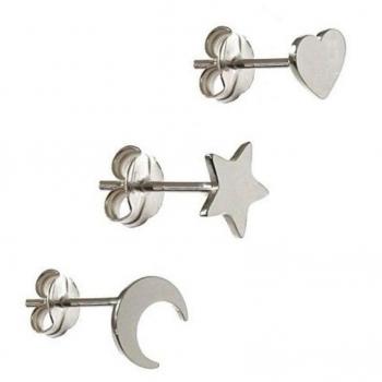 Pendientes de Plata Ley 925m Pack X3 Estrella Corazón Media Luna Cierre Presión Mujer - Estilo Elegante