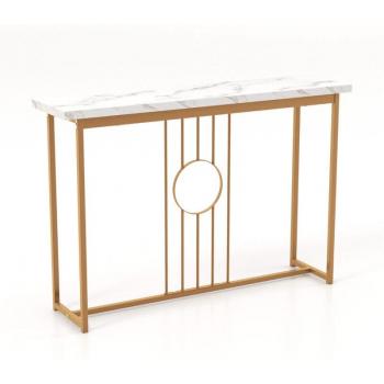 Mesa consola moderna de 120 cm con tablero de mármol artificial y estructura metálica robusta, color blanco y dorado