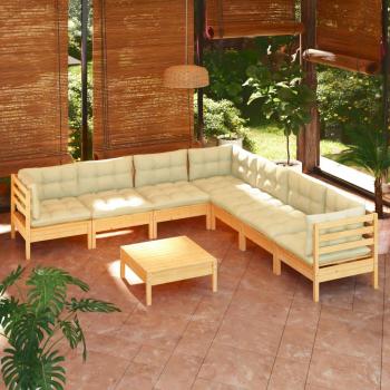 8-Piece Solid Pine Garden Lounge Set with Cream Cushions