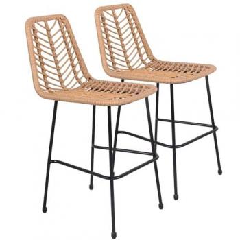 Lote de 2 taburetes de bar de ratán sintético OKA con respaldo y reposapiés - Marrón y Negro - Exterior