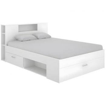 Cama con cabecero y almacenaje LEANDRE - 140x190 cm - Color blanco - 2 cajones