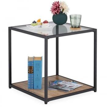 Mesa Auxiliar Cúbica con 2 Repisas, Cristal y Metal, 50 x 50 x 50 cm, Negro y Marrón Natural - Relaxdays