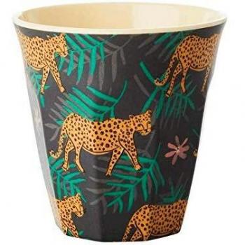Rice - Taza de melamina (tamaño mediano, 9 x 9 cm), diseño de leopardo y hojas