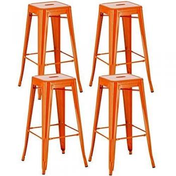 Set de 4 Taburetes Joshua Naranja - Taburetes Apilables, Estilo Industrial, Altos Metálicos Sin Respaldo, con Reposapiés