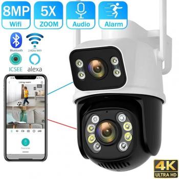 Cámara PTZ Wifi Doble Lente 8MP 4K con Visión Nocturna y Pantalla Doble para Seguridad Exterior - Cámara IP CCTV ICSEE APP Con Enchufe EU