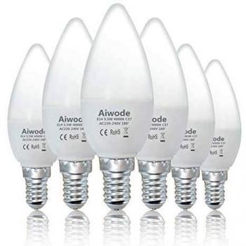 Aiwode Bombilla LED E14 Forma Vela,5.5W Equivalente a 40W,Blanco Neutra 4000K,470LM, RA80 180°Ángulo de haz,Paquete de 6.