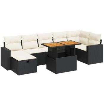 5-Piece Black Poly Rattan Garden Sofa Set with Cushions and Acacia Frame