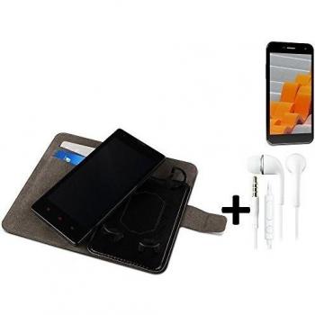 TOP SET: Funda para el Wileyfox Spark + + auriculares, Walletcase hecho de cuero sintético en negro, monocromático y simple. Bolsillo para el teléfono móvil con ranuras para tarjetas de crédito y la función del soporte. BookStyle bisagras de la mang
