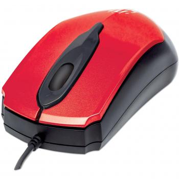 Manhattan Edge USB Wired Mouse, Red, 1000dpi, USB-A, Optical, Compact, Three Button with Scroll Wheel, Low friction base, Blister