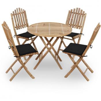 Juego de comedor de jardín plegable 5 piezas de bambú con cojines
