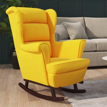 Silla mecedora de terciopelo amarillo con patas sólidas de madera de caucho