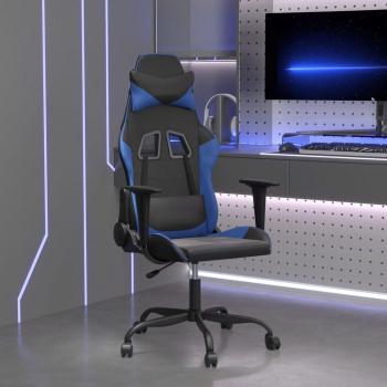 Silla gaming de cuero sintético negro y azul con diseño ergonómico, reposabrazos ajustables, base giratoria de 360 grados, altura regulable y ruedas para fácil movilidad