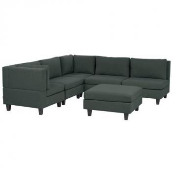Sofá Modular Esquinero 5 Plazas Tapizado en Tela Verde Oscuro con Pouf y Patas Negras Lado Derecho Unstad