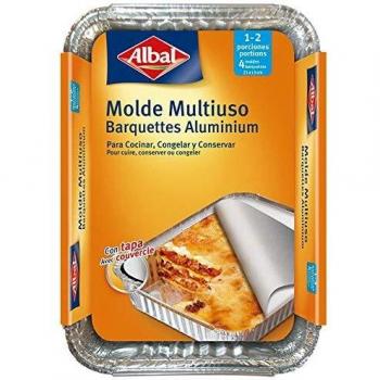 Albal Aluminio 21x15x4 Centímetros con Tapa | Desechables | Multiusos para Asar, Congelar y Conservar | 1-2 Porciones | 4 Moldes