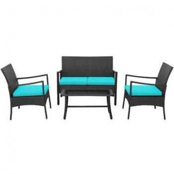 Turquoise Cushioned 4-Piece Wicker Patio Conversation Set