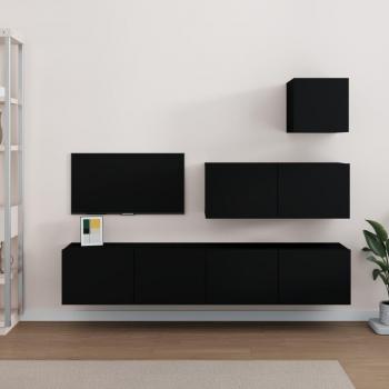 Set de Muebles para TV 4 Piezas en Madera Contrachapada Negra, Dimensiones: 80 x 30 x 30 cm, Ideal para Salón y Televisores