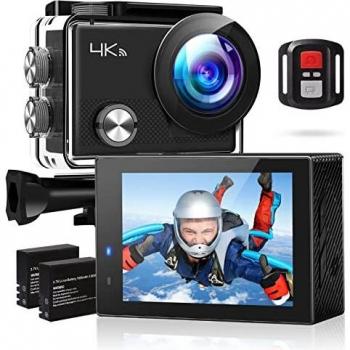 Cámara Deportiva 4K WiFi, Cámara Subacuática 30M, Cámara de Acuatica HD 170° Gran Angular con Mando A Distancia Estabilización EIS 2 Baterías Natación/Buceo/Escalada/Accesorios para Bicicletas