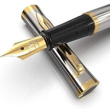 Wordsworth & Black Juego de pluma estilográfica, punta mediana, incluye 6 cartuchos de tinta y convertidor de recarga de tinta, estuche de regalo, bolígrafos de escritura suave [Plata Oro]