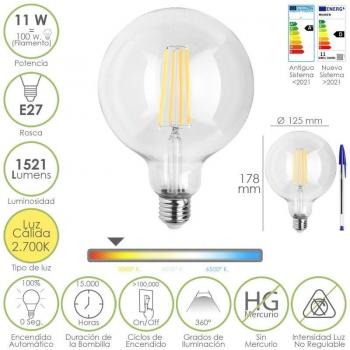 Bombilla LED Filamento Globo E27 11W 100W Equivalente 1521 Lúmenes Luz Cálida 2700K