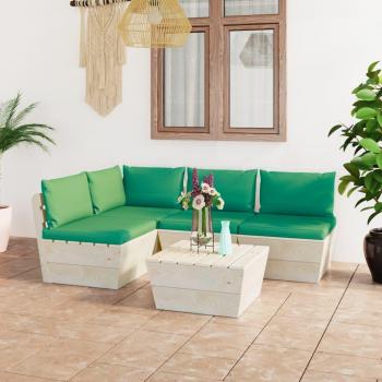 Juego de muebles de jardín de palets 5 piezas con cojines de madera de abeto