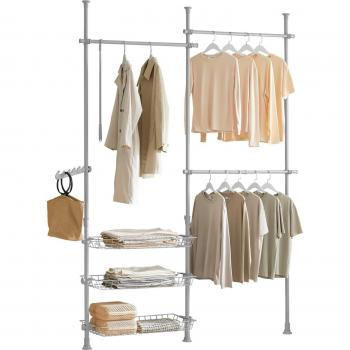 SoBuy Organizador de armario telescópico Estantería de almacenamiento ajustable FRG34-HG Gris, Perchero de Ropa Telescópico Altura Ajustable Sistema de Perchero Extensible con 3 Barras
