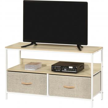 Mueble TV Bajo Estilo Industrial para Pantallas hasta 47 con 2 Cajones de Tela Gris, Madera Natural y Metal Blanco