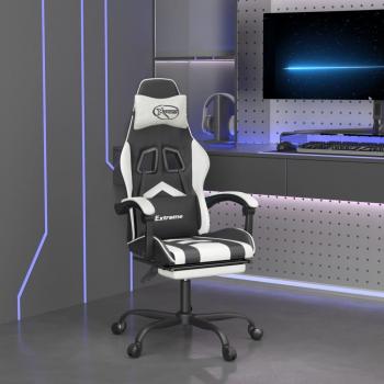 Silla Gaming Giratoria con Reposapiés de Cuero Sintético Negro y Blanco - Maison Exclusiva